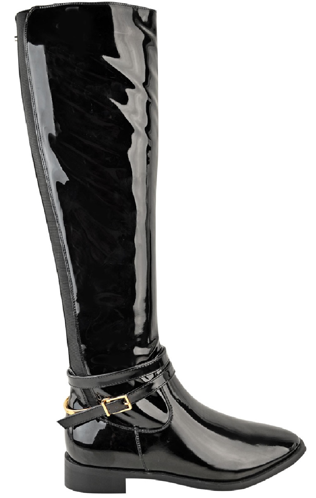 black patent knee length flat boots